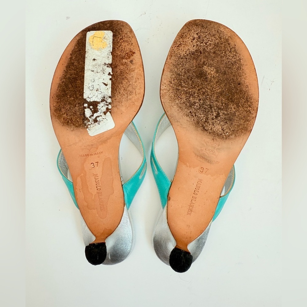 Manolo Blahnik Turquoise Rhinestone-Embellished Thong Heels - Picture 7 of 10